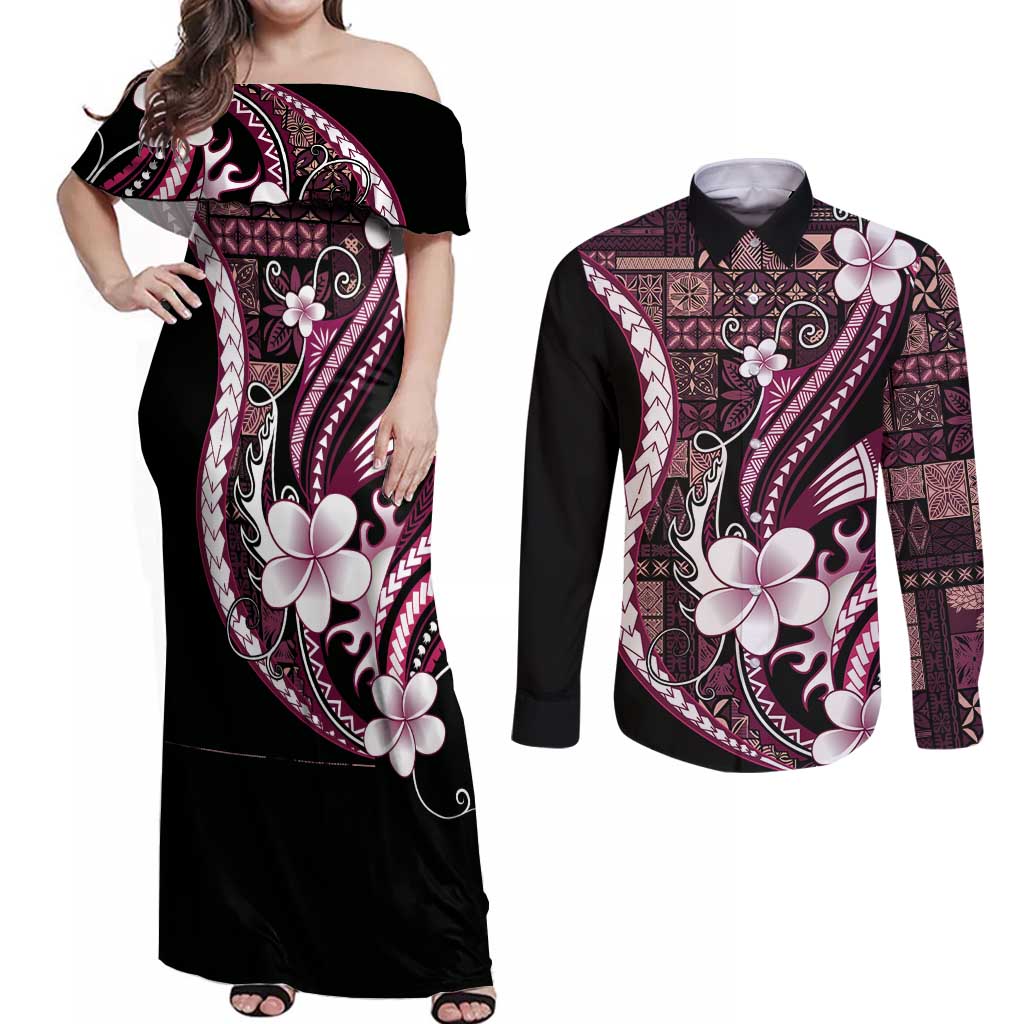 Samoa Siapo Tribal Pattern Couples Matching Off Shoulder Maxi Dress and Long Sleeve Button Shirt Violet Polynesian Plumeria Tapa Motif