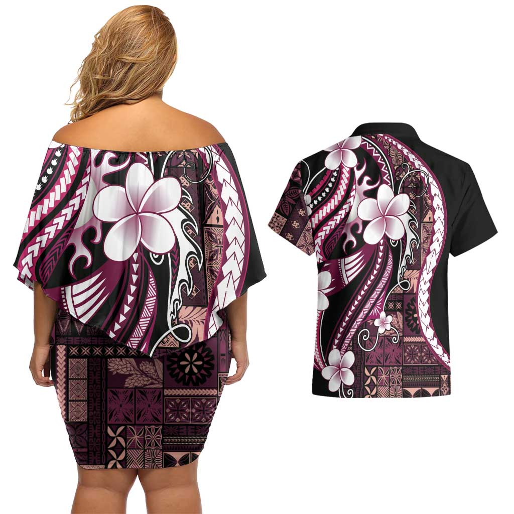 Samoa Siapo Tribal Pattern Couples Matching Off Shoulder Short Dress and Hawaiian Shirt Violet Polynesian Plumeria Tapa Motif