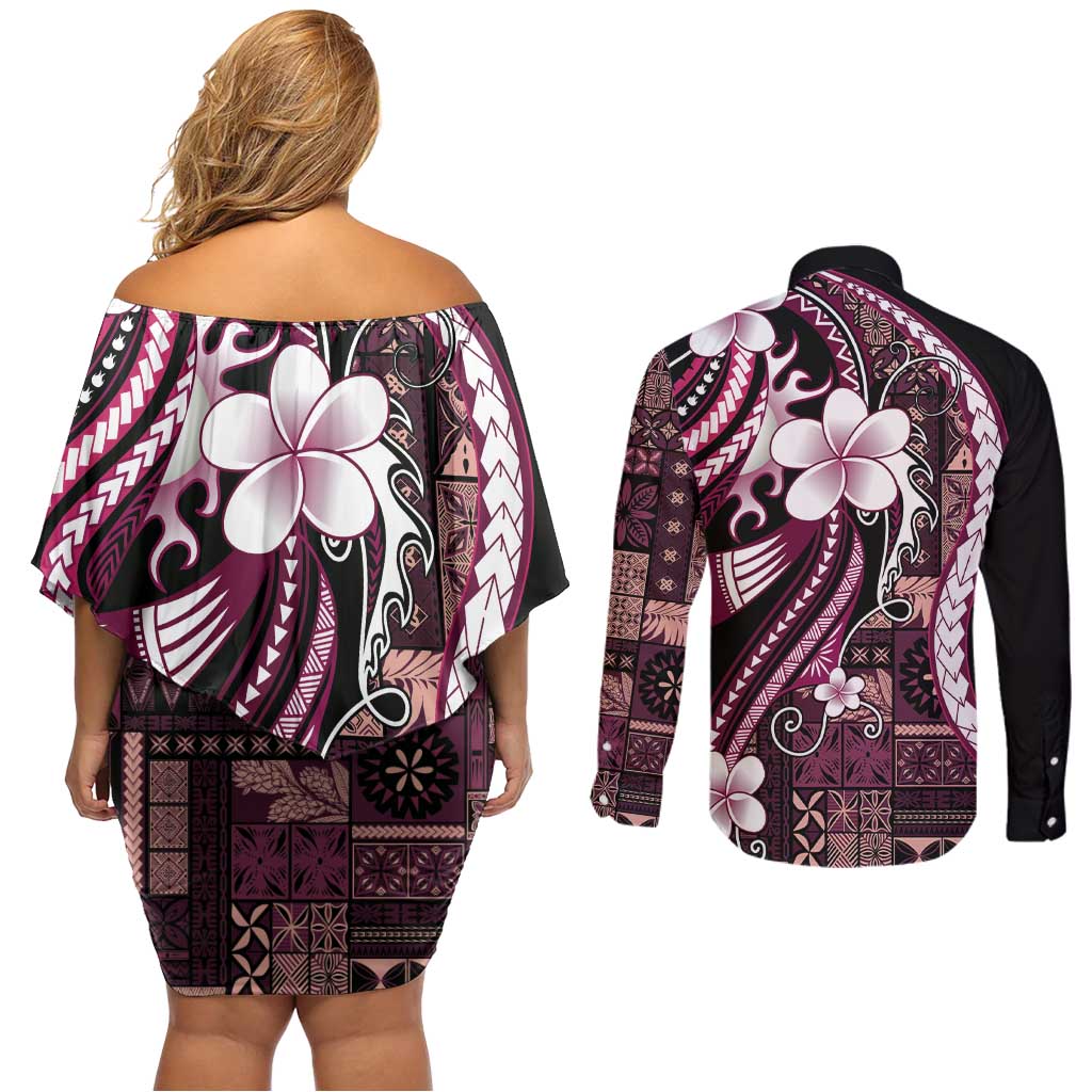 Samoa Siapo Tribal Pattern Couples Matching Off Shoulder Short Dress and Long Sleeve Button Shirt Violet Polynesian Plumeria Tapa Motif