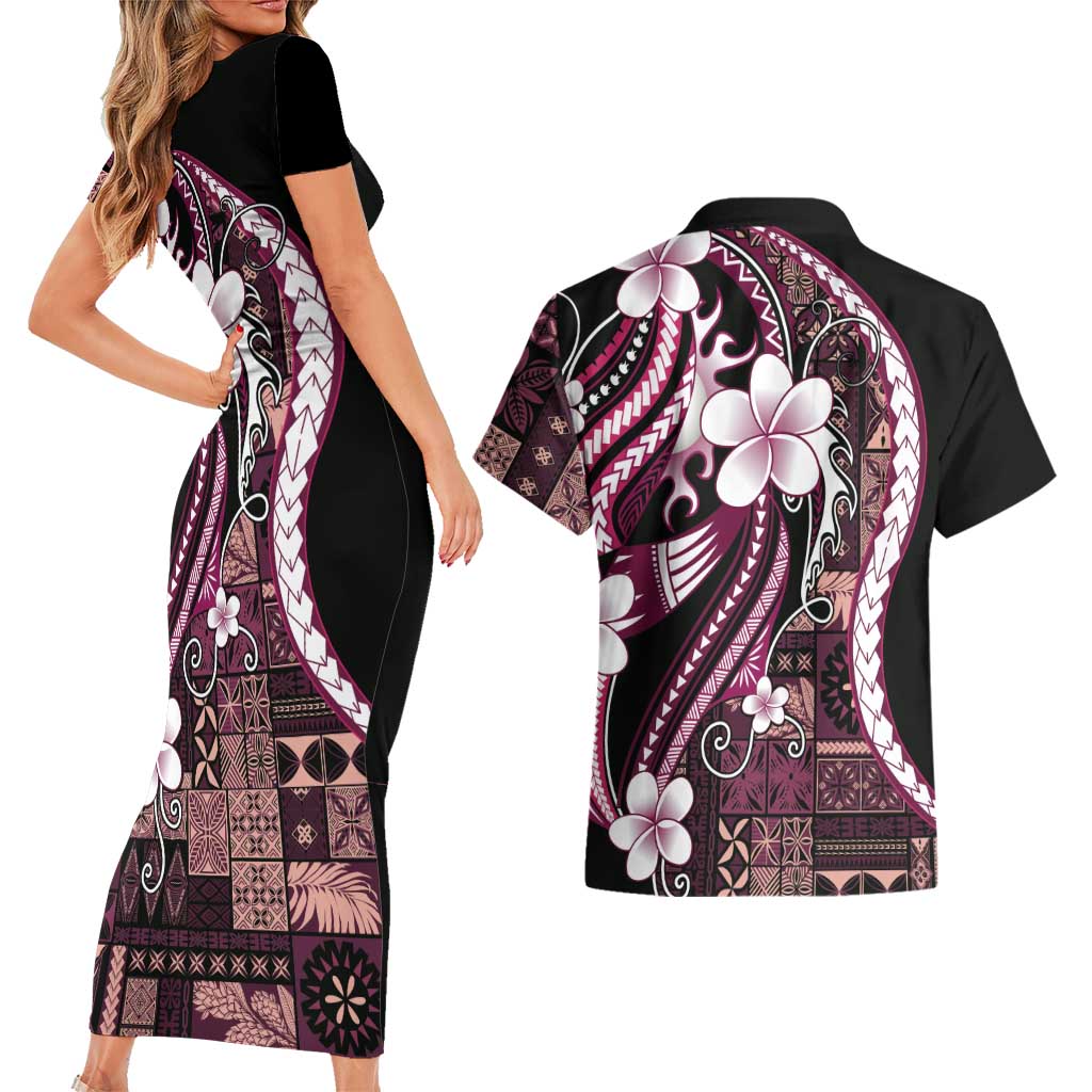 Samoa Siapo Tribal Pattern Couples Matching Short Sleeve Bodycon Dress and Hawaiian Shirt Violet Polynesian Plumeria Tapa Motif