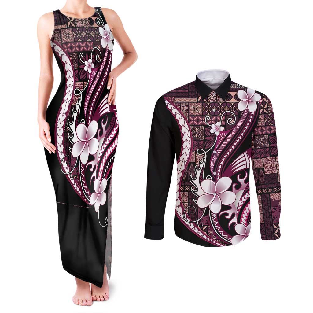 Samoa Siapo Tribal Pattern Couples Matching Tank Maxi Dress and Long Sleeve Button Shirt Violet Polynesian Plumeria Tapa Motif LT9 Violet - Polynesian Pride