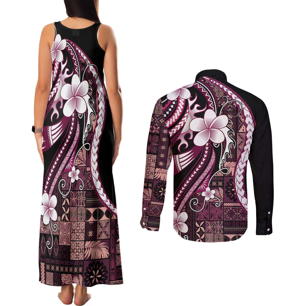 Samoa Siapo Tribal Pattern Couples Matching Tank Maxi Dress and Long Sleeve Button Shirt Violet Polynesian Plumeria Tapa Motif LT9 - Polynesian Pride