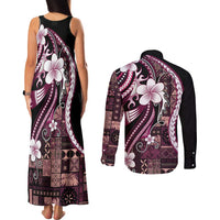 Samoa Siapo Tribal Pattern Couples Matching Tank Maxi Dress and Long Sleeve Button Shirt Violet Polynesian Plumeria Tapa Motif LT9 - Polynesian Pride