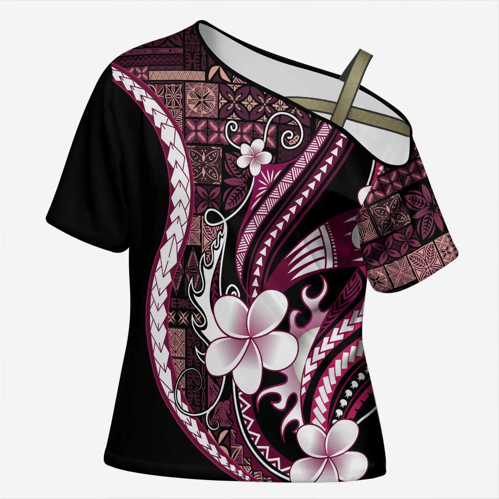 Samoa Siapo Tribal Pattern Cross Shoulder Shirt Violet Polynesian Plumeria Tapa Motif