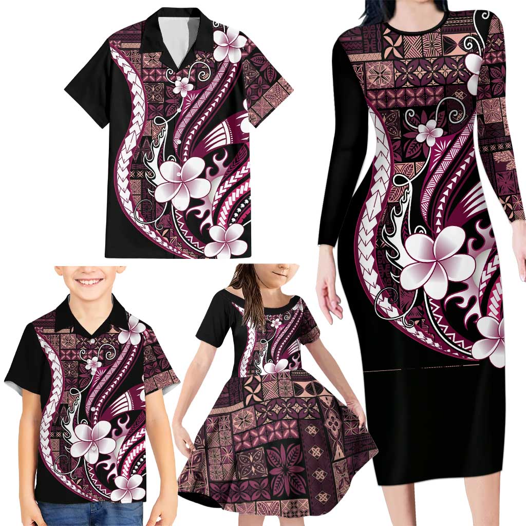 Samoa Siapo Tribal Pattern Family Matching Long Sleeve Bodycon Dress and Hawaiian Shirt Violet Polynesian Plumeria Tapa Motif LT9 - Polynesian Pride