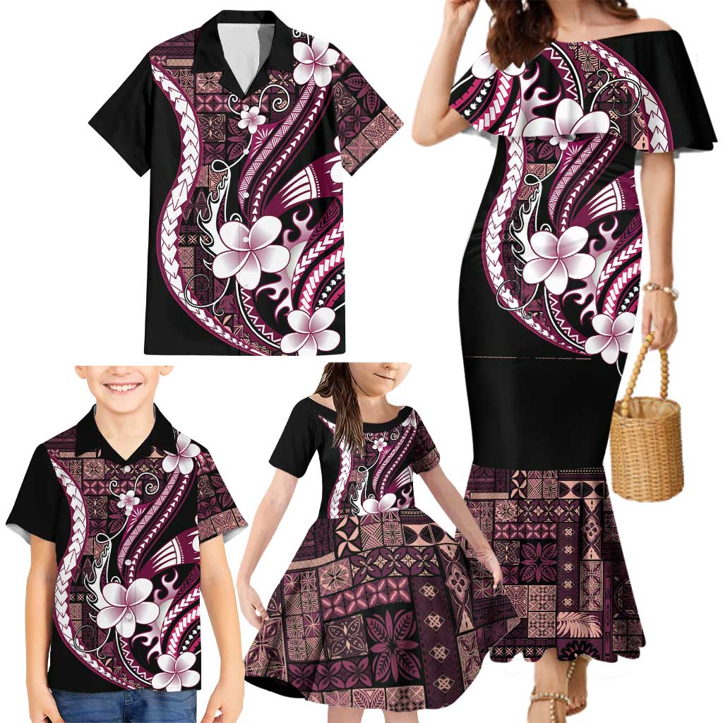 Samoa Siapo Tribal Pattern Family Matching Mermaid Dress and Hawaiian Shirt Violet Polynesian Plumeria Tapa Motif LT9 - Polynesian Pride