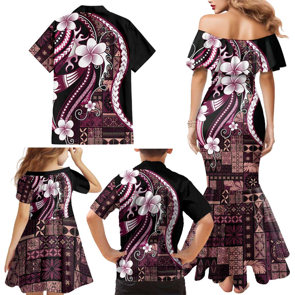 Samoa Siapo Tribal Pattern Family Matching Mermaid Dress and Hawaiian Shirt Violet Polynesian Plumeria Tapa Motif LT9 - Polynesian Pride