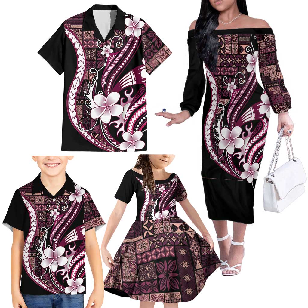 Samoa Siapo Tribal Pattern Family Matching Off The Shoulder Long Sleeve Dress and Hawaiian Shirt Violet Polynesian Plumeria Tapa Motif