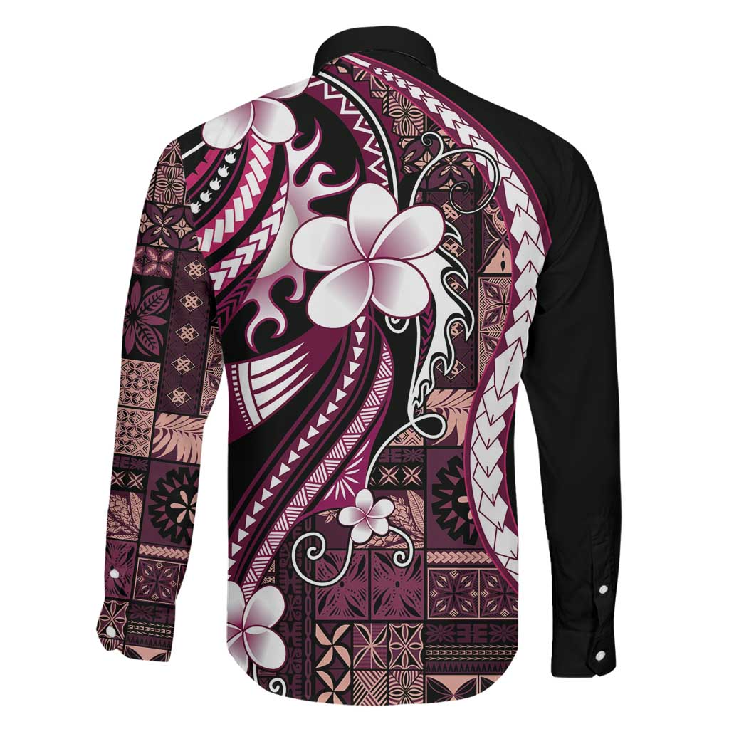 Samoa Siapo Tribal Pattern Family Matching Off The Shoulder Long Sleeve Dress and Hawaiian Shirt Violet Polynesian Plumeria Tapa Motif LT9 - Polynesian Pride