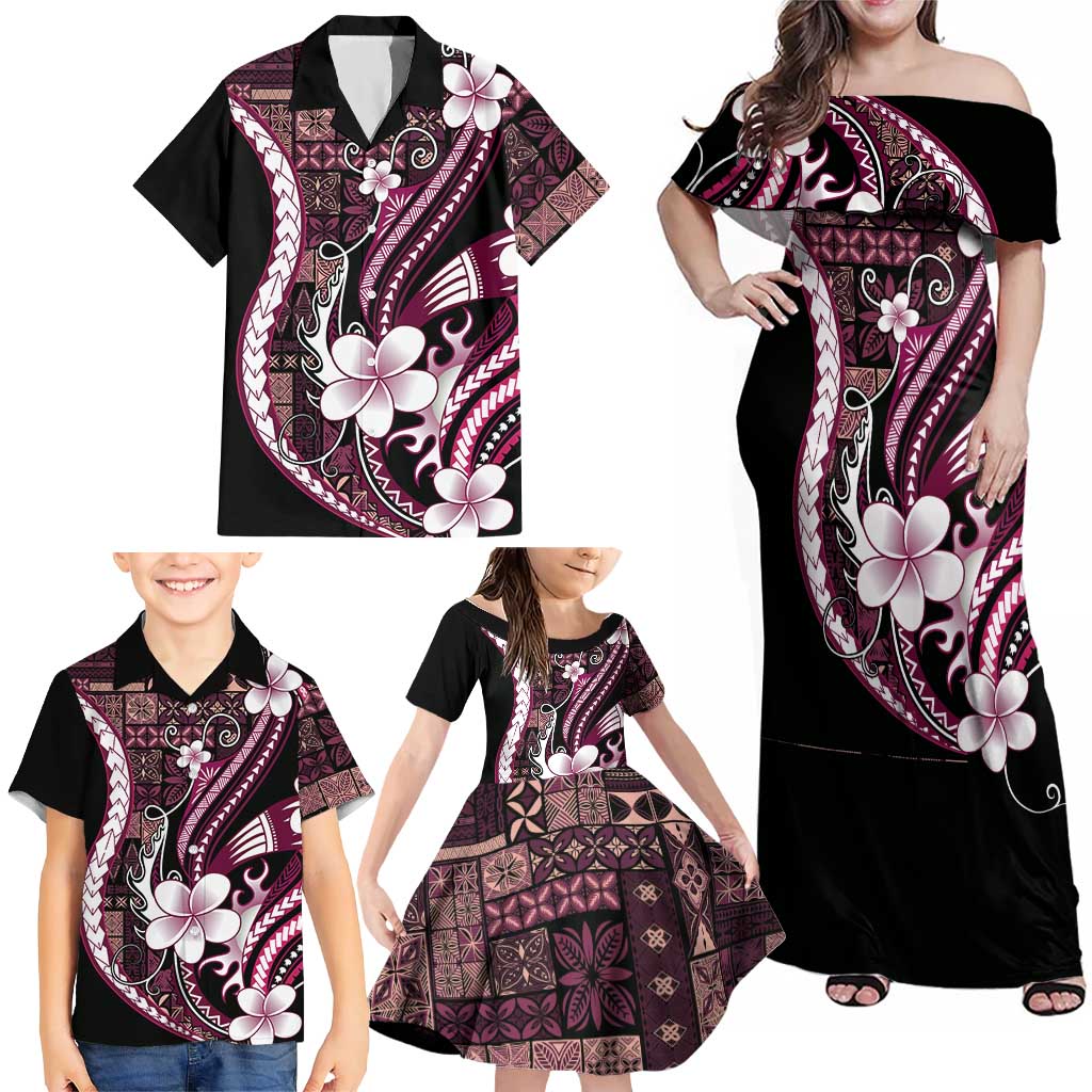 Samoa Siapo Tribal Pattern Family Matching Off Shoulder Maxi Dress and Hawaiian Shirt Violet Polynesian Plumeria Tapa Motif LT9 - Polynesian Pride