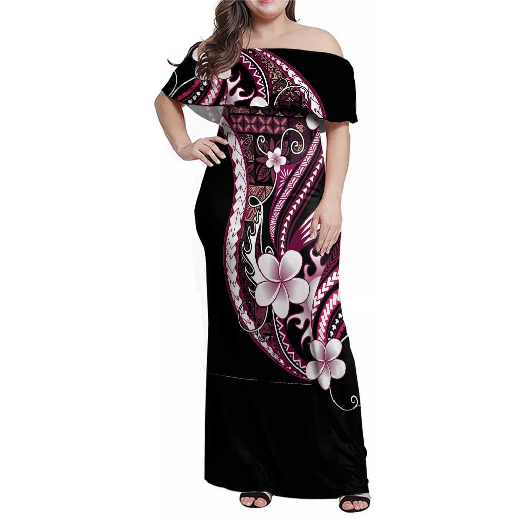 Samoa Siapo Tribal Pattern Family Matching Off Shoulder Maxi Dress and Hawaiian Shirt Violet Polynesian Plumeria Tapa Motif LT9 Mom's Dress Violet - Polynesian Pride