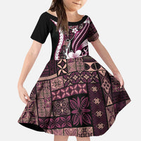 Samoa Siapo Tribal Pattern Family Matching Off Shoulder Short Dress and Hawaiian Shirt Violet Polynesian Plumeria Tapa Motif LT9 Daughter's Dress Violet - Polynesian Pride