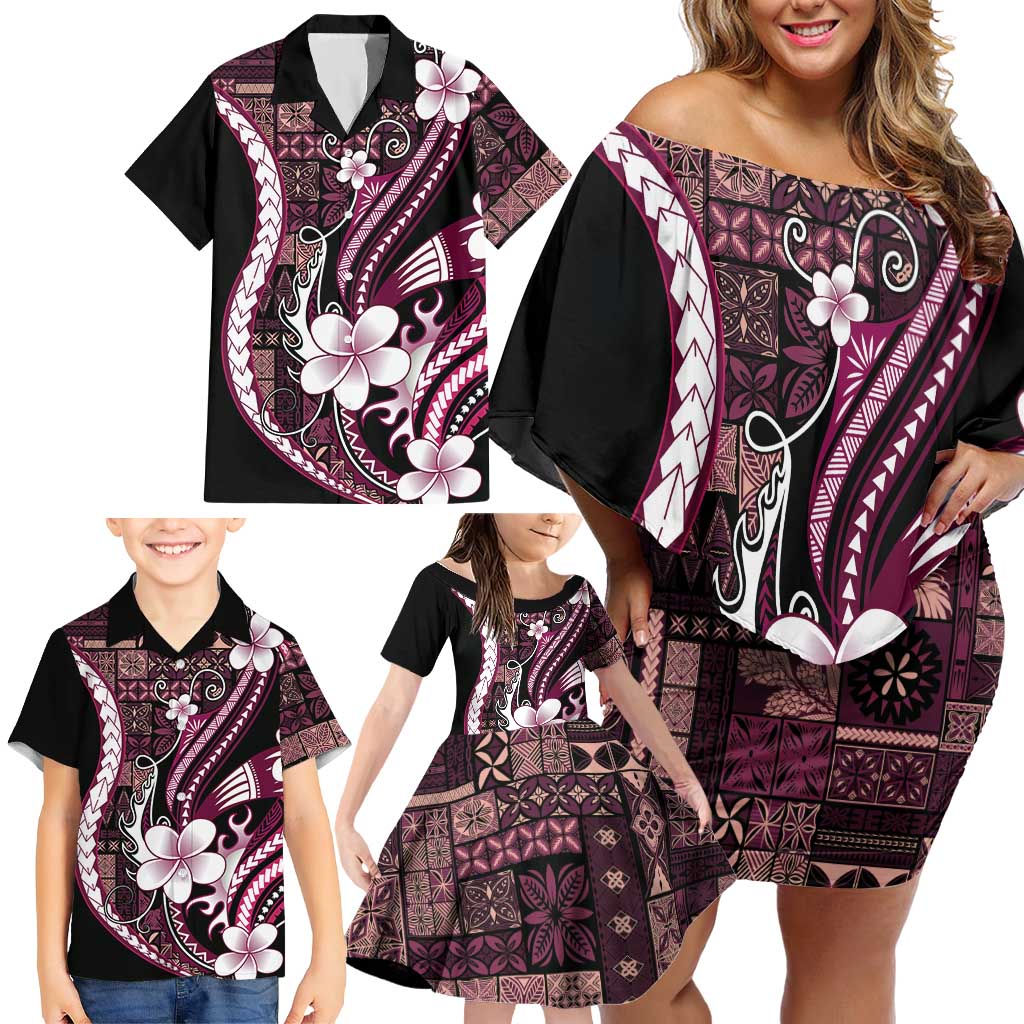 Samoa Siapo Tribal Pattern Family Matching Off Shoulder Short Dress and Hawaiian Shirt Violet Polynesian Plumeria Tapa Motif LT9 - Polynesian Pride