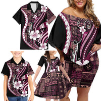 Samoa Siapo Tribal Pattern Family Matching Off Shoulder Short Dress and Hawaiian Shirt Violet Polynesian Plumeria Tapa Motif LT9 - Polynesian Pride