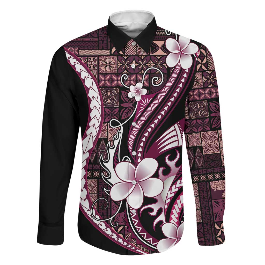 Samoa Siapo Tribal Pattern Family Matching Off Shoulder Short Dress and Hawaiian Shirt Violet Polynesian Plumeria Tapa Motif LT9 Dad's Shirt - Long Sleeve Violet - Polynesian Pride