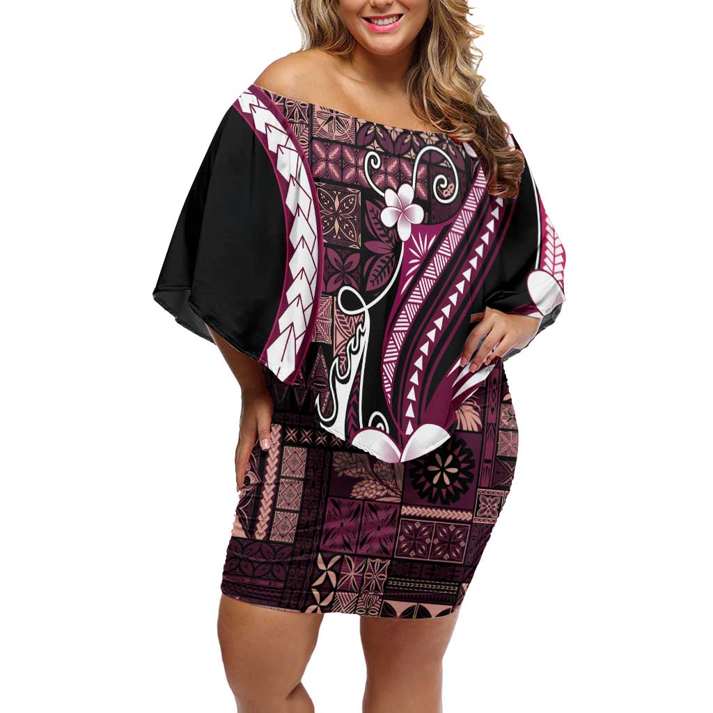 Samoa Siapo Tribal Pattern Family Matching Off Shoulder Short Dress and Hawaiian Shirt Violet Polynesian Plumeria Tapa Motif LT9 Mom's Dress Violet - Polynesian Pride