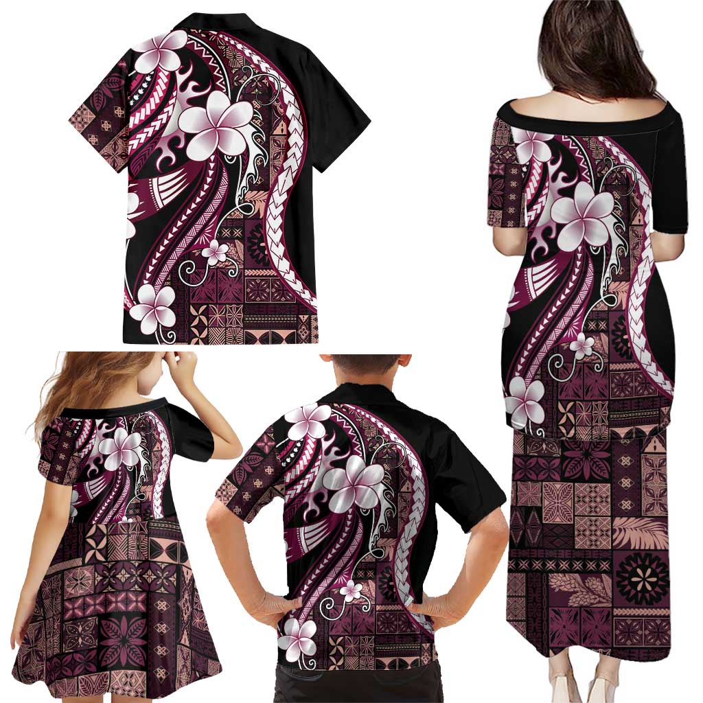 Samoa Siapo Tribal Pattern Family Matching Puletasi and Hawaiian Shirt Violet Polynesian Plumeria Tapa Motif