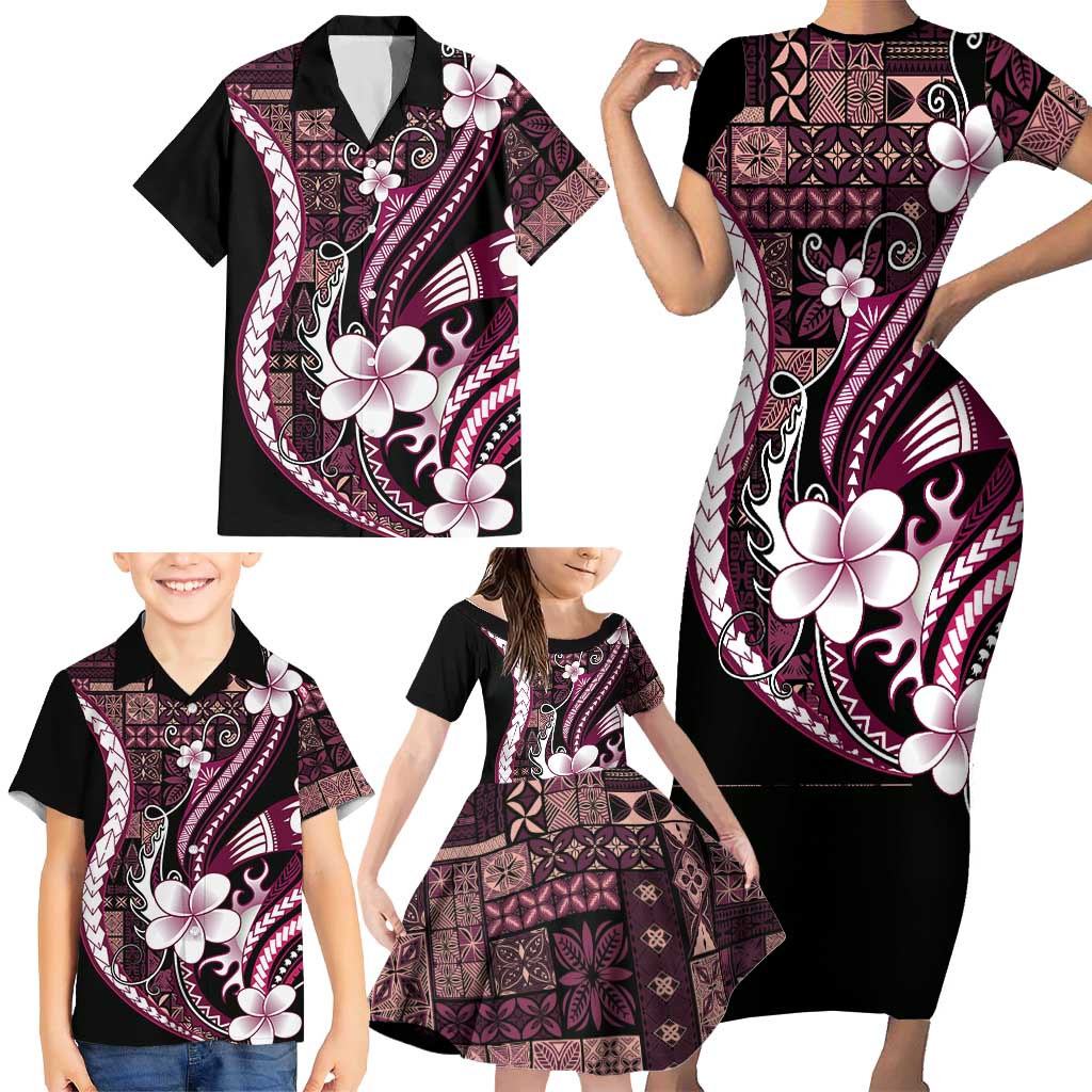 Samoa Siapo Tribal Pattern Family Matching Short Sleeve Bodycon Dress and Hawaiian Shirt Violet Polynesian Plumeria Tapa Motif