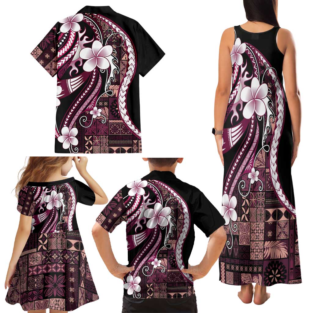 Samoa Siapo Tribal Pattern Family Matching Tank Maxi Dress and Hawaiian Shirt Violet Polynesian Plumeria Tapa Motif LT9 - Polynesian Pride