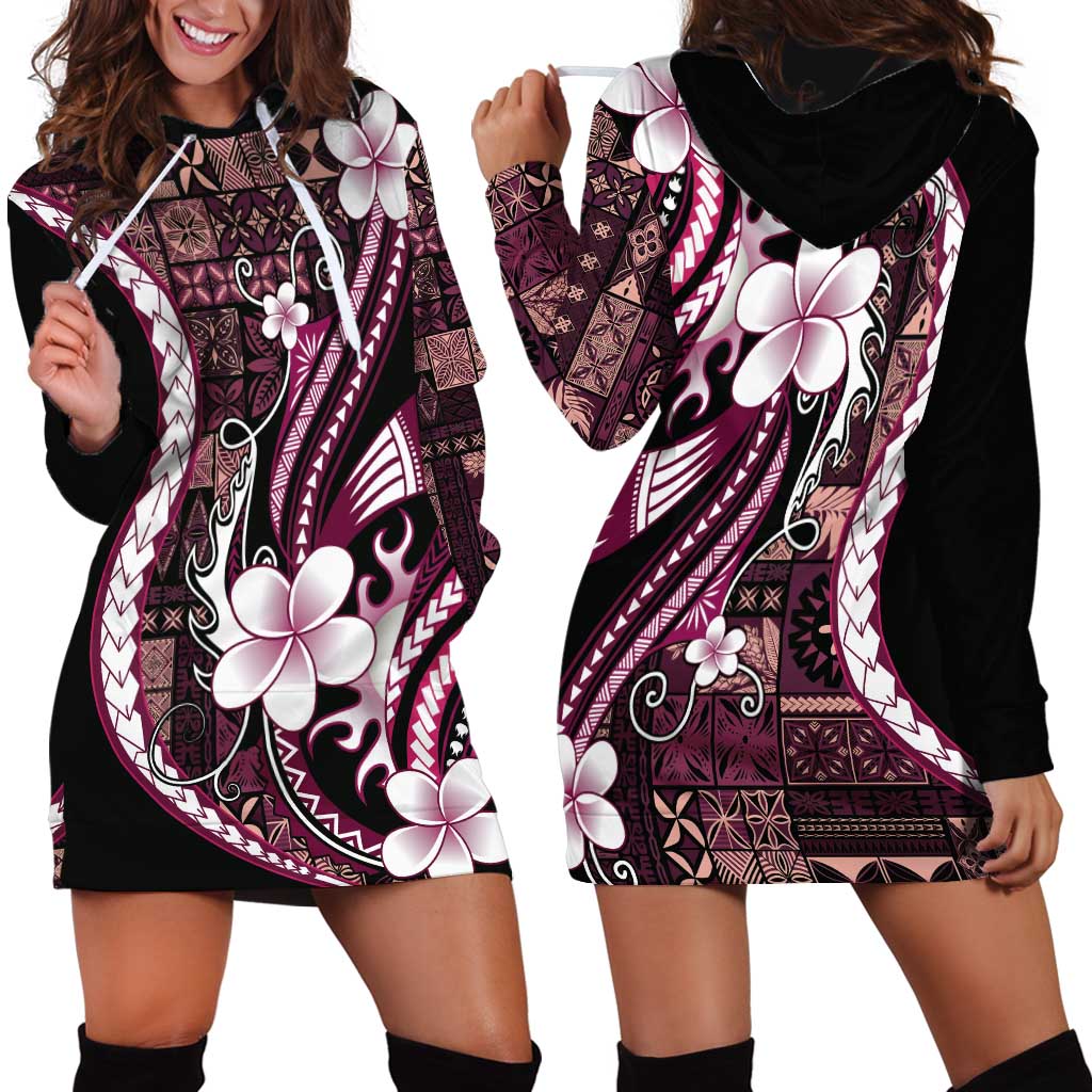 Samoa Siapo Tribal Pattern Hoodie Dress Violet Polynesian Plumeria Tapa Motif