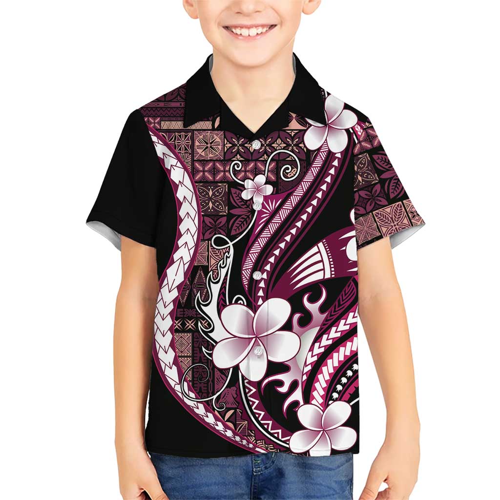 Samoa Siapo Tribal Pattern Kid Hawaiian Shirt Violet Polynesian Plumeria Tapa Motif