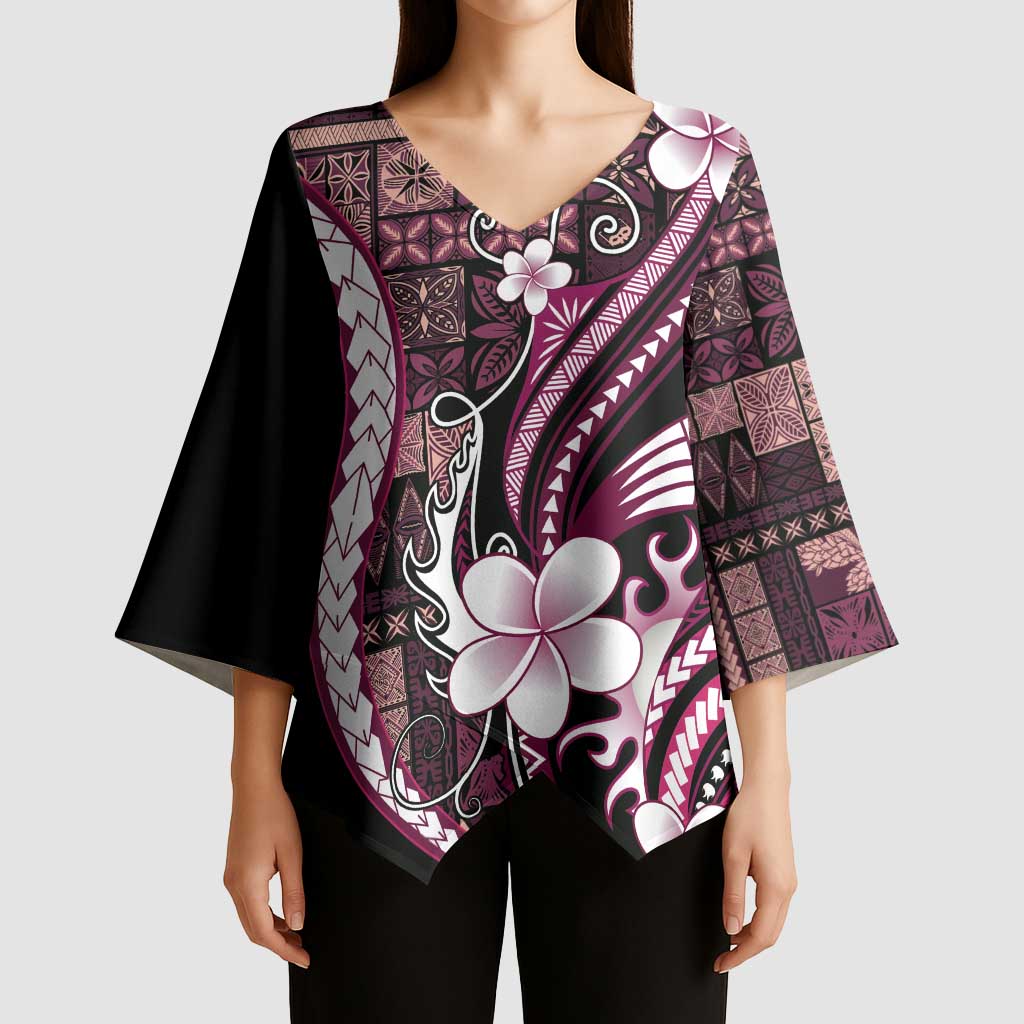 Samoa Siapo Tribal Pattern Kimono Sleeve Blouse Violet Polynesian Plumeria Tapa Motif