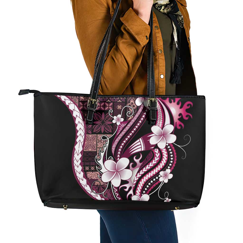 Samoa Siapo Tribal Pattern Leather Tote Bag Violet Polynesian Plumeria Tapa Motif