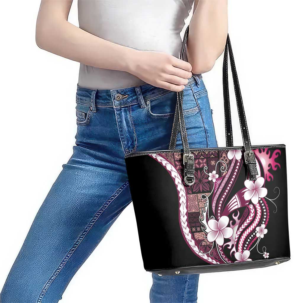 Samoa Siapo Tribal Pattern Leather Tote Bag Violet Polynesian Plumeria Tapa Motif