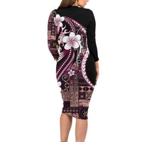 Samoa Siapo Tribal Pattern Long Sleeve Bodycon Dress Violet Polynesian Plumeria Tapa Motif