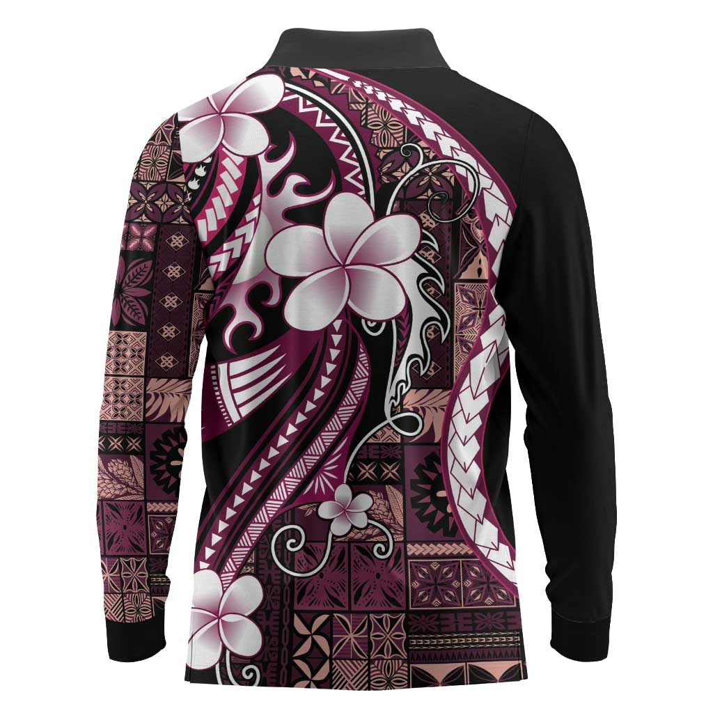 Samoa Siapo Tribal Pattern Long Sleeve Polo Shirt Violet Polynesian Plumeria Tapa Motif
