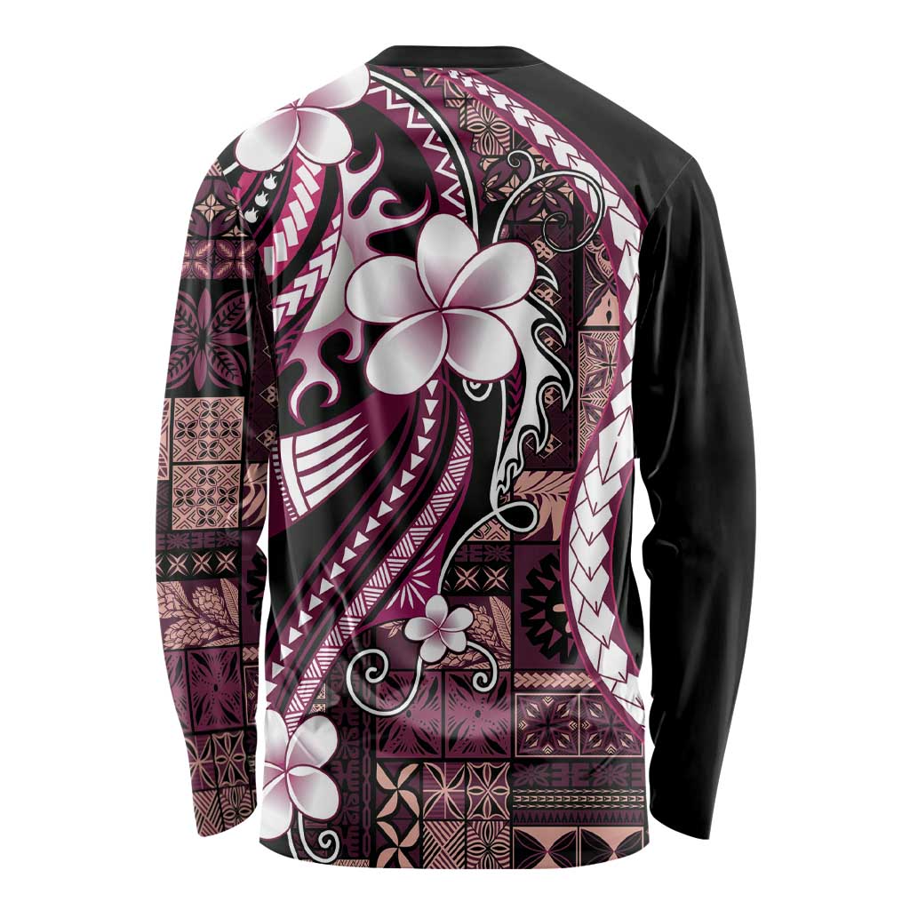 Samoa Siapo Tribal Pattern Long Sleeve Shirt Violet Polynesian Plumeria Tapa Motif