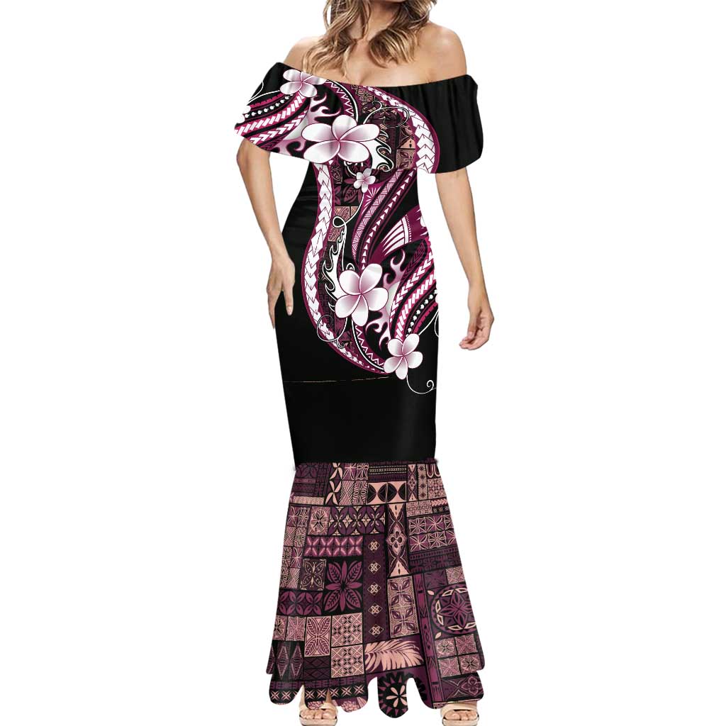 Samoa Siapo Tribal Pattern Mermaid Dress Violet Polynesian Plumeria Tapa Motif