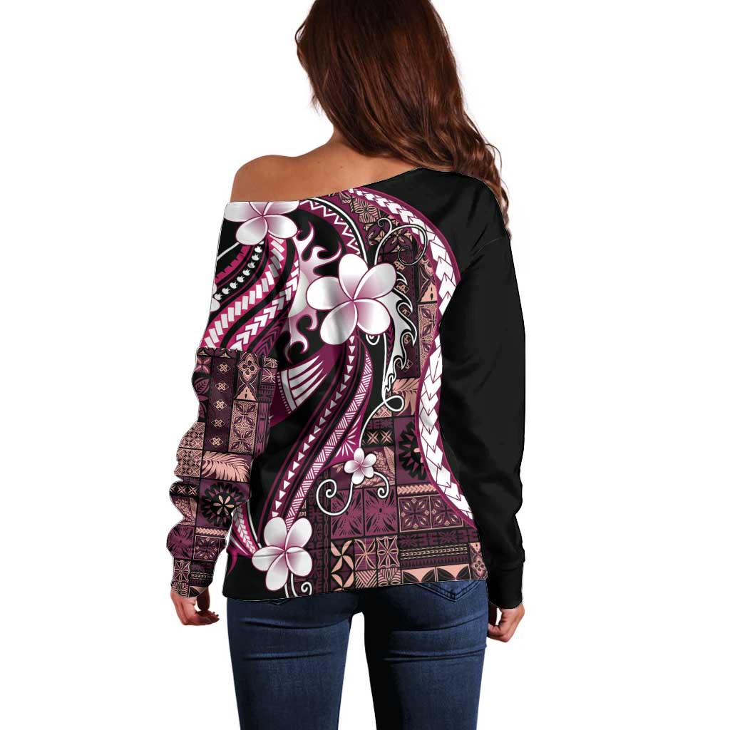 Samoa Siapo Tribal Pattern Off Shoulder Sweater Violet Polynesian Plumeria Tapa Motif