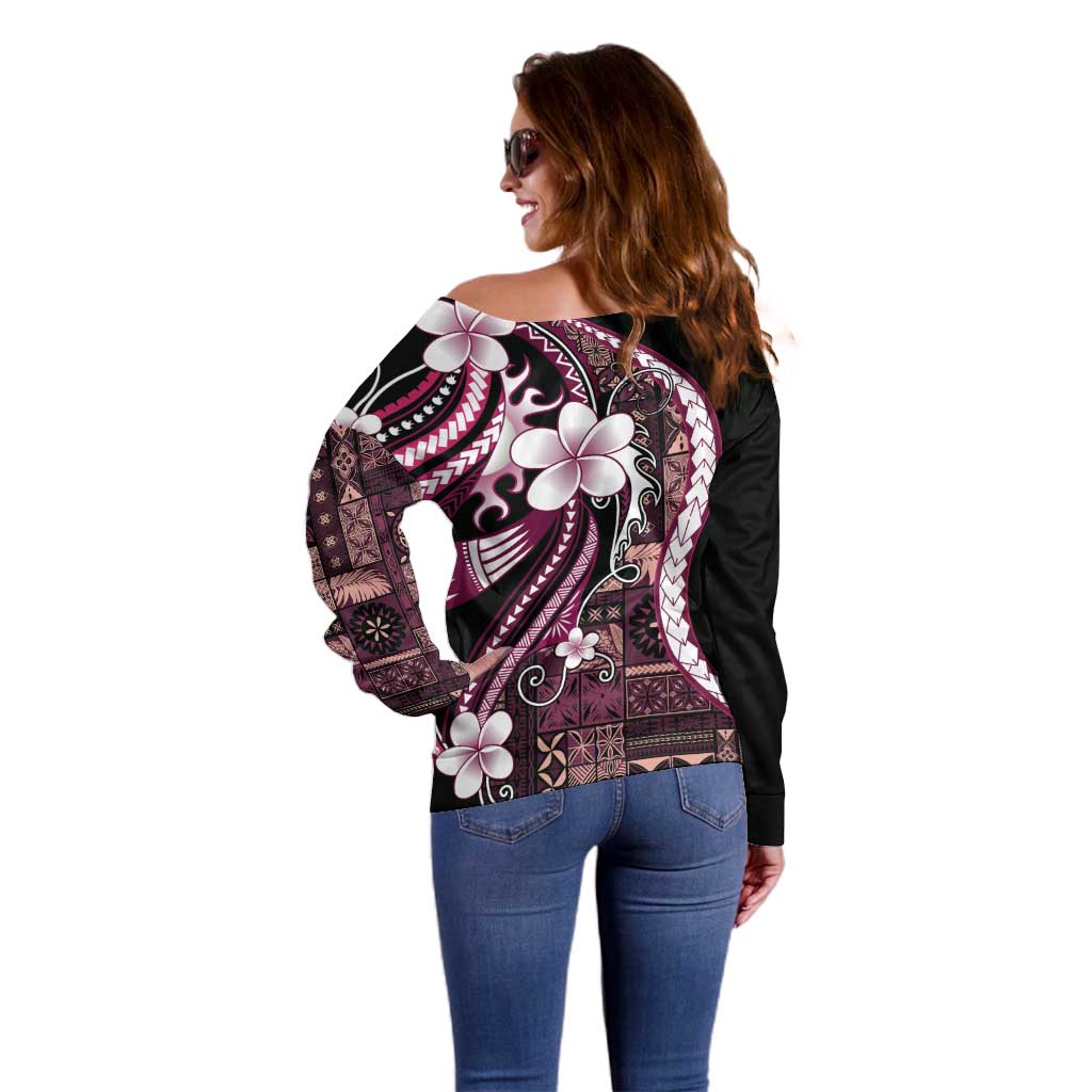 Samoa Siapo Tribal Pattern Off Shoulder Sweater Violet Polynesian Plumeria Tapa Motif