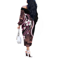 Samoa Siapo Tribal Pattern Off The Shoulder Long Sleeve Dress Violet Polynesian Plumeria Tapa Motif