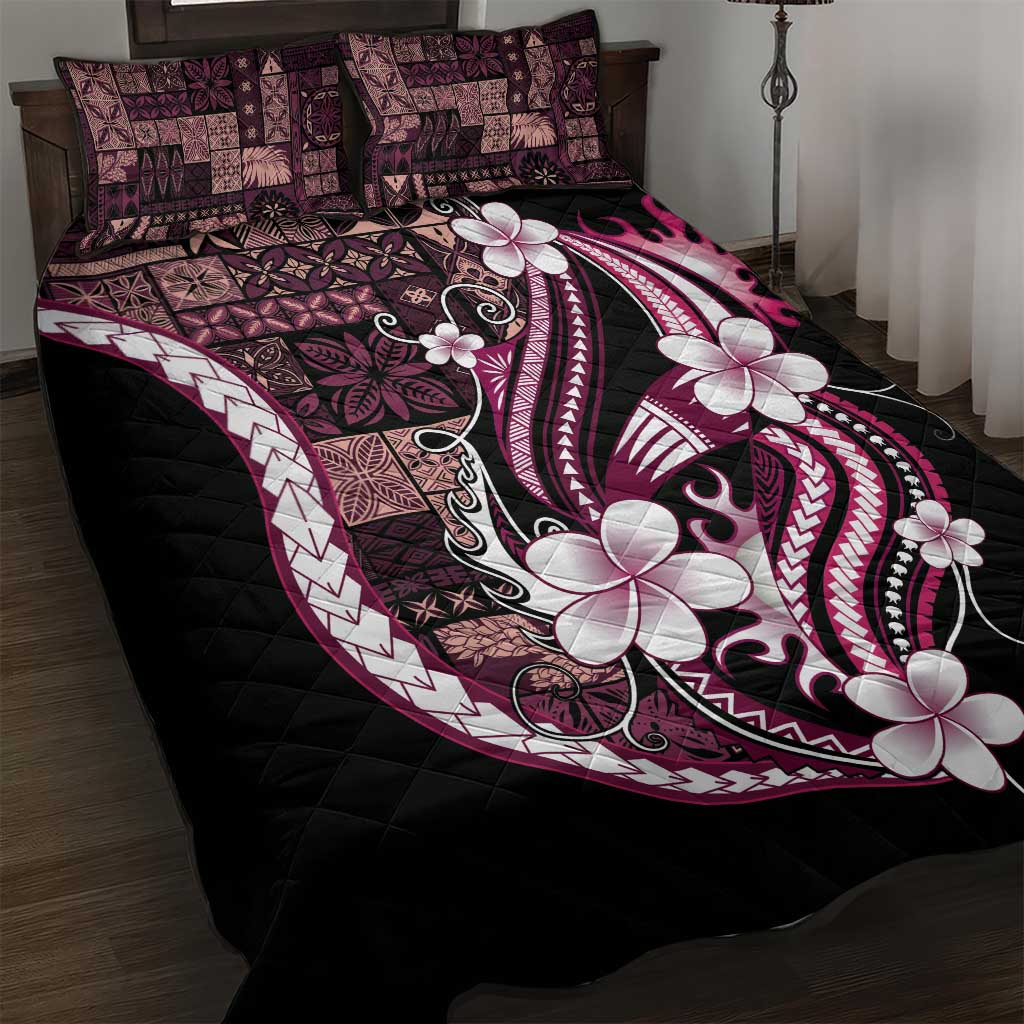 Samoa Siapo Tribal Pattern Quilt Bed Set Violet Polynesian Plumeria Tapa Motif