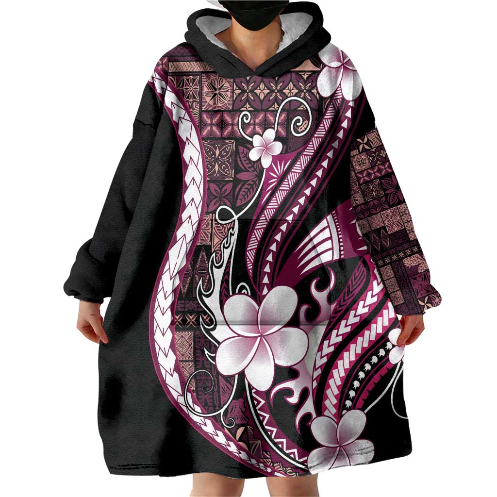 Samoa Siapo Tribal Pattern Wearable Blanket Hoodie Violet Polynesian Plumeria Tapa Motif