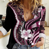 Samoa Siapo Tribal Pattern Women Casual Shirt Violet Polynesian Plumeria Tapa Motif