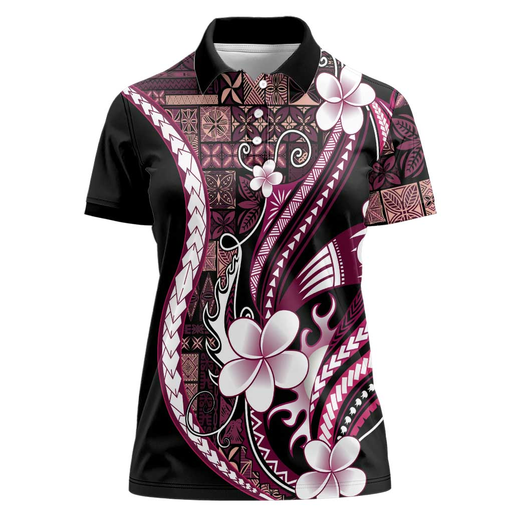 Samoa Siapo Tribal Pattern Women Polo Shirt Violet Polynesian Plumeria Tapa Motif