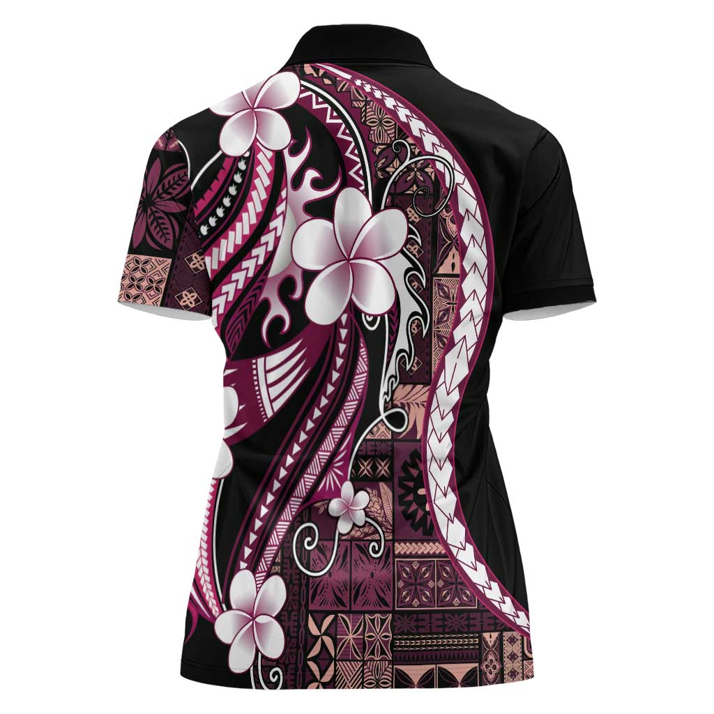 Samoa Siapo Tribal Pattern Women Polo Shirt Violet Polynesian Plumeria Tapa Motif