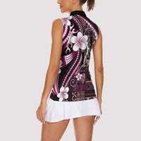Samoa Siapo Tribal Pattern Women Sleeveless Polo Shirt Violet Polynesian Plumeria Tapa Motif