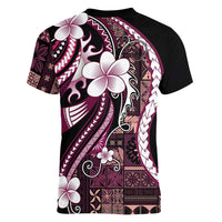 Samoa Siapo Tribal Pattern Women V-Neck T-Shirt Violet Polynesian Plumeria Tapa Motif