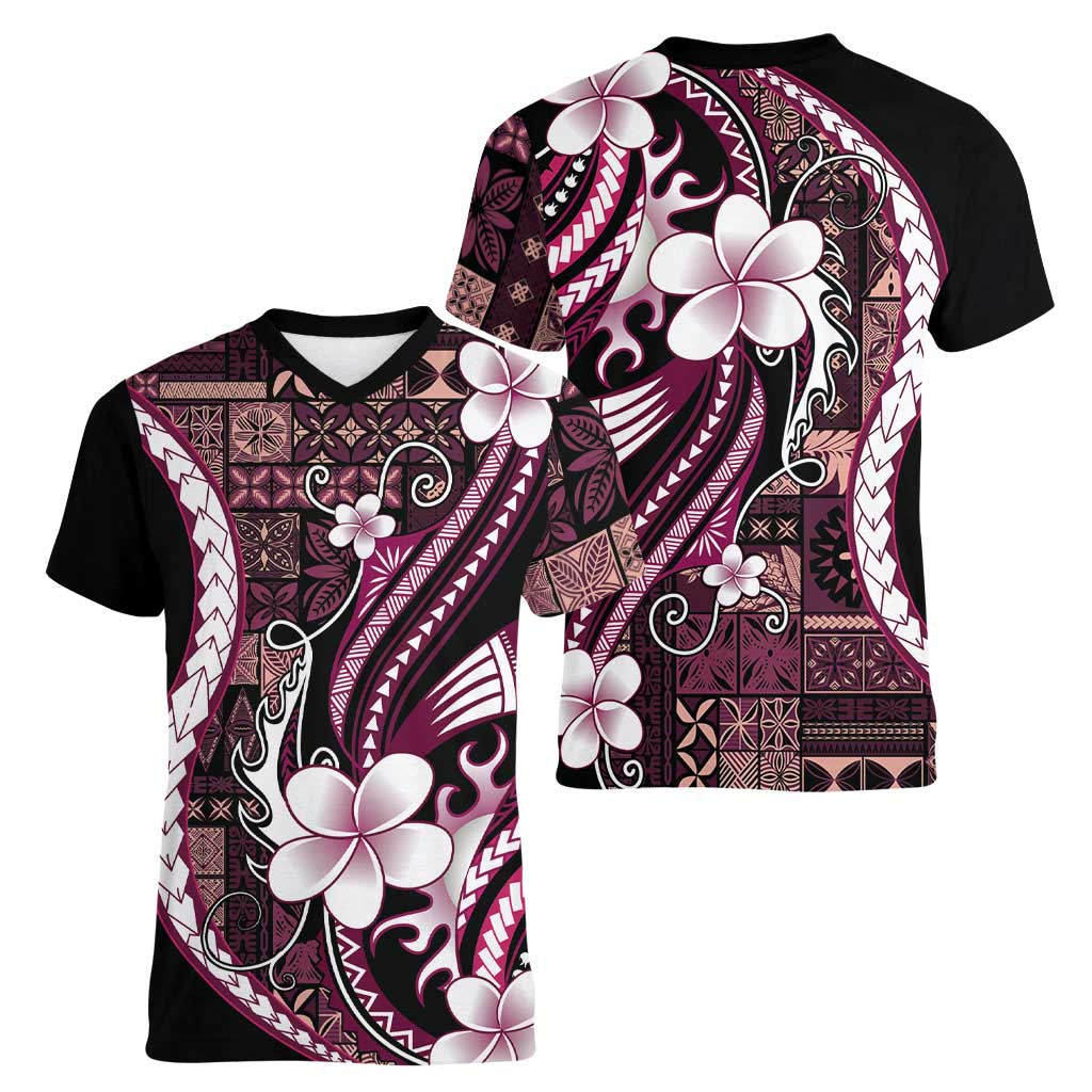 Samoa Siapo Tribal Pattern Women V-Neck T-Shirt Violet Polynesian Plumeria Tapa Motif