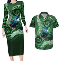 Tui Bird Koru Silver Fern Aotearoa Couples Matching Long Sleeve Bodycon Dress and Hawaiian Shirt