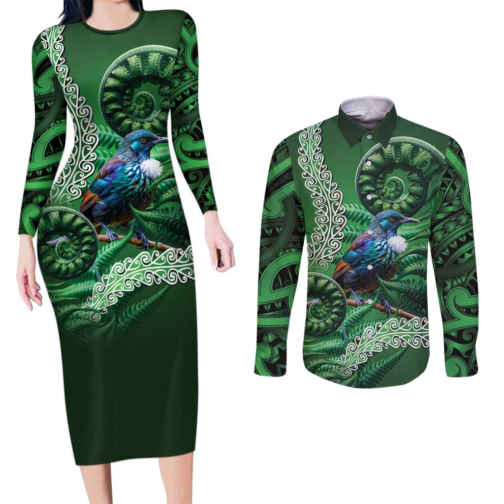 Tui Bird Koru Silver Fern Aotearoa Couples Matching Long Sleeve Bodycon Dress and Long Sleeve Button Shirt