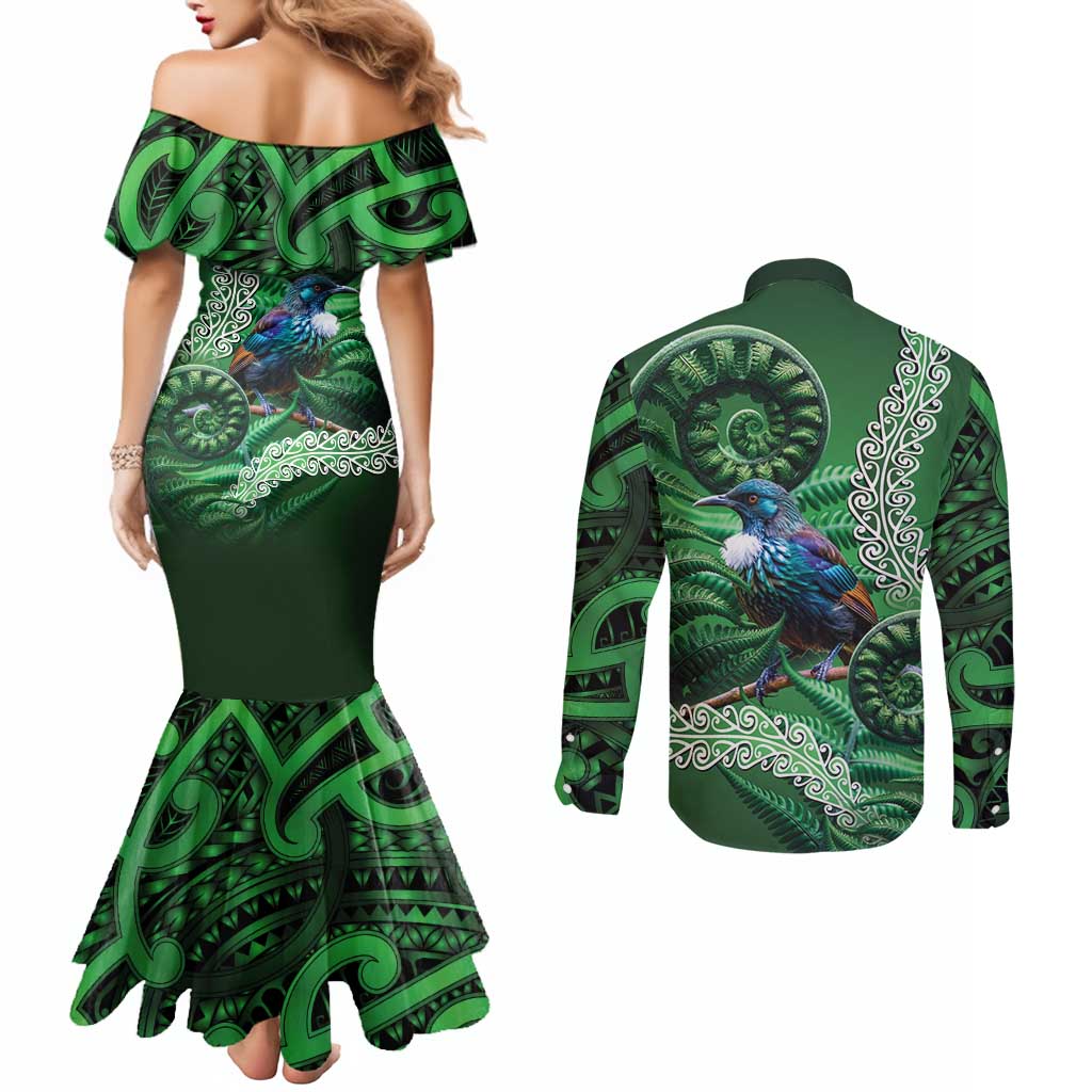 Tui Bird Koru Silver Fern Aotearoa Couples Matching Mermaid Dress and Long Sleeve Button Shirt