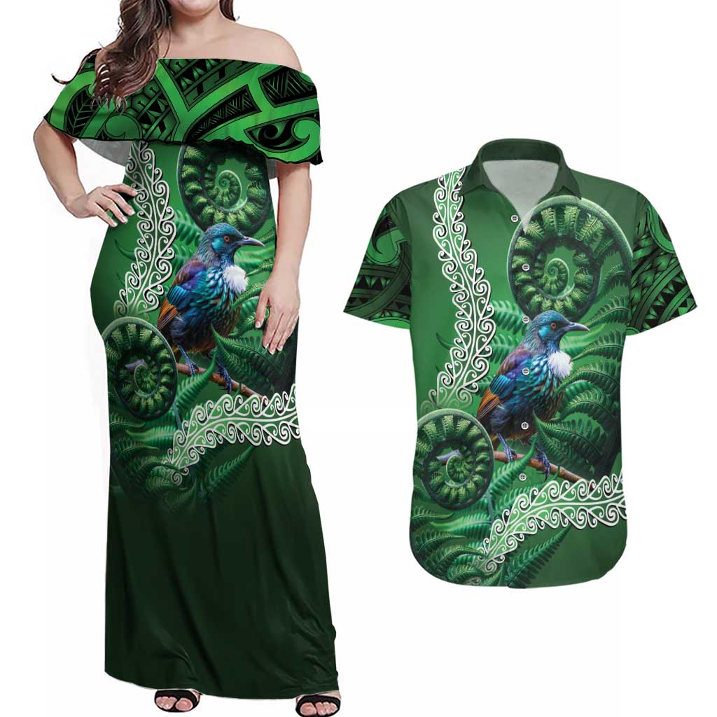 Tui Bird Koru Silver Fern Aotearoa Couples Matching Off Shoulder Maxi Dress and Hawaiian Shirt