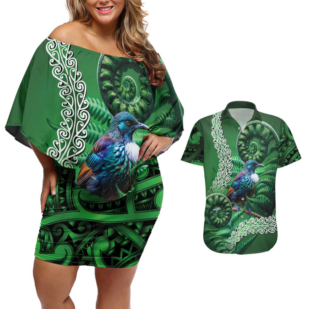 Tui Bird Koru Silver Fern Aotearoa Couples Matching Off Shoulder Short Dress and Hawaiian Shirt