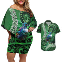 Tui Bird Koru Silver Fern Aotearoa Couples Matching Off Shoulder Short Dress and Hawaiian Shirt
