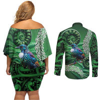 Tui Bird Koru Silver Fern Aotearoa Couples Matching Off Shoulder Short Dress and Long Sleeve Button Shirt